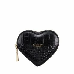 OSPREY LONDON Leather Viola Polished Croc Heart Zip Around Purse Black