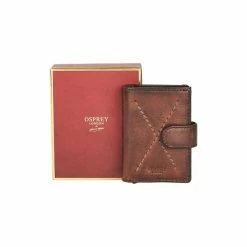 OSPREY LONDON Brown Cross Stitch Leather & Metal RFI ID Card Case Wallet